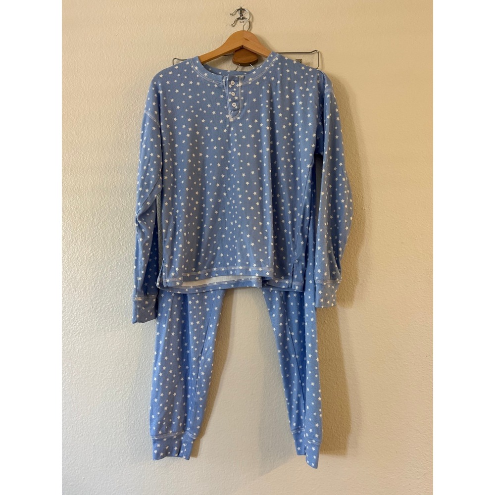 PJ‎ Salvage Pajama Set Star Print Fleece Henley Jogger XS Blue White Excellent